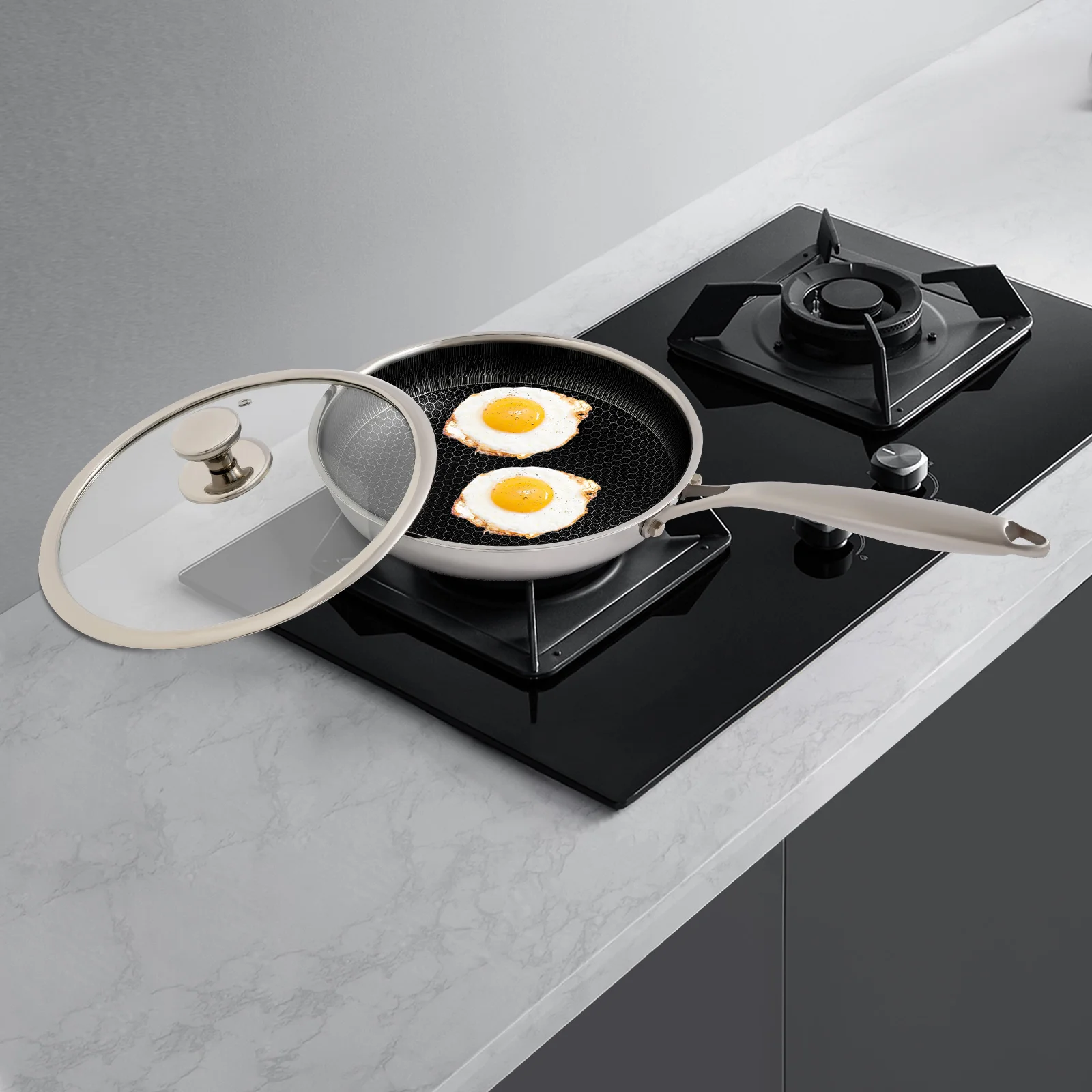 

Silver 316 Stainless Steel 26x5cm Honeycomb Nonstick Frying Pan with Glass Cover Induction Cooker Universal Stainless Steel Wok