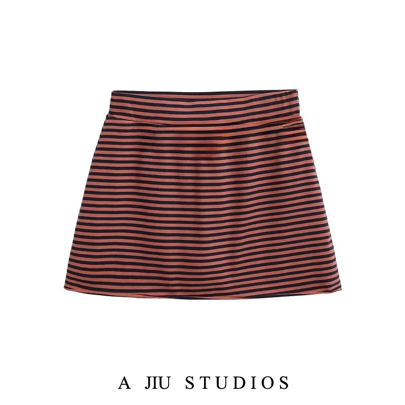 

American Retro Red Stripe f Skirt Women Summer Versatile Loose Waist Sexy Girl Anti-Light A-Line ort Skirt Street Sle