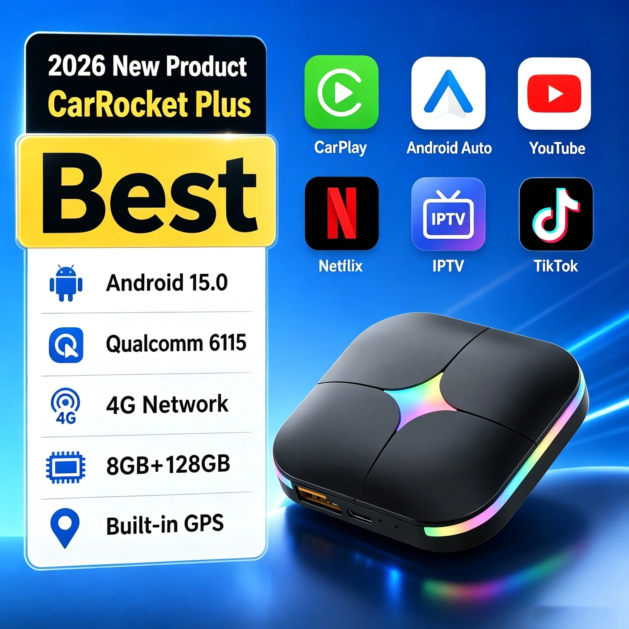 Android 15 CarRocket Android Auto Wireless CarPlay AI TV Box QCM6115 SM6225 8-Core Split Screen 64G 128G For Netflix Play Store