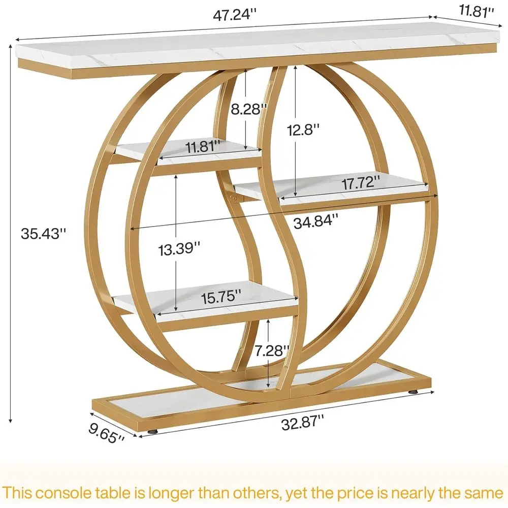 5-Tier Adjustable Entryway Table with Storage Shelves, White Gold Finish for Living Room, Hallway, or Behind Sofa