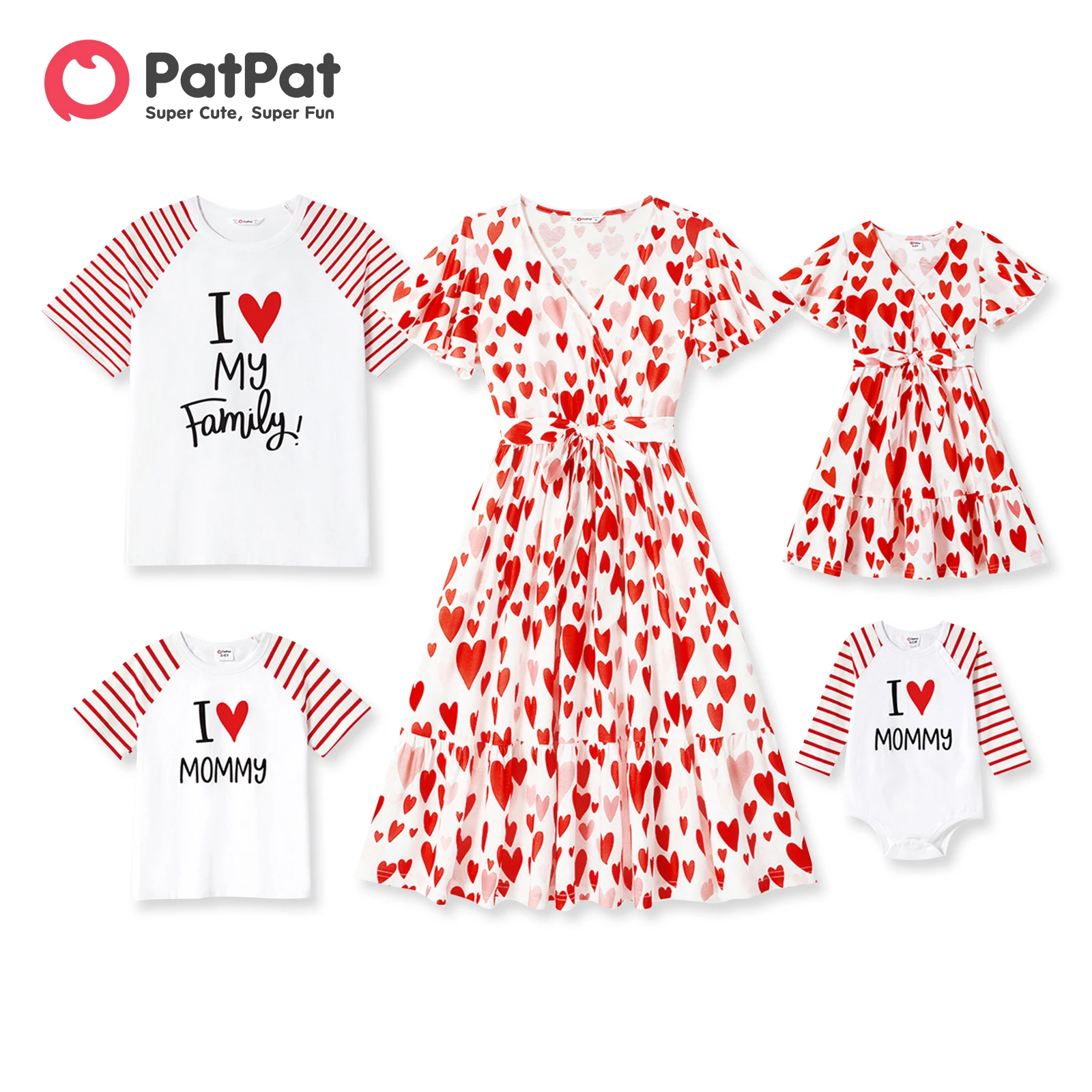 PatPat Family Matching Outfits Raglan Sleeve T-shirts and Allover Red Heart Print Surplice Neck Ruffle-sleeve Belted Dresses Set