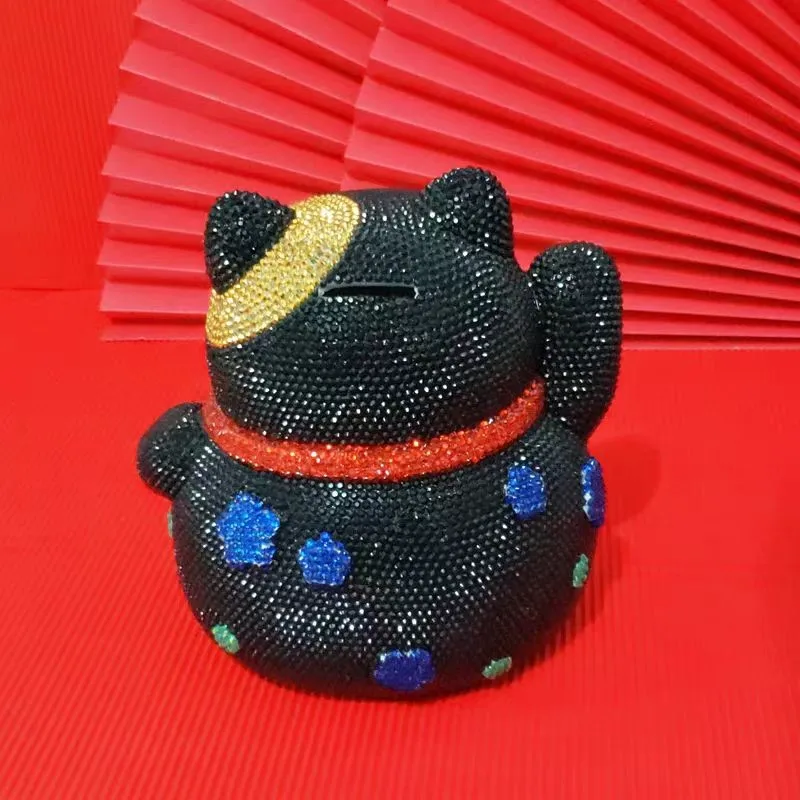 Rhinestone-encrusted Maneki-neko Figurine DIY Hand-applied Crystal Cat Coin Deposit Jar Shiny Wealth Totem Fortune Inviting Cat