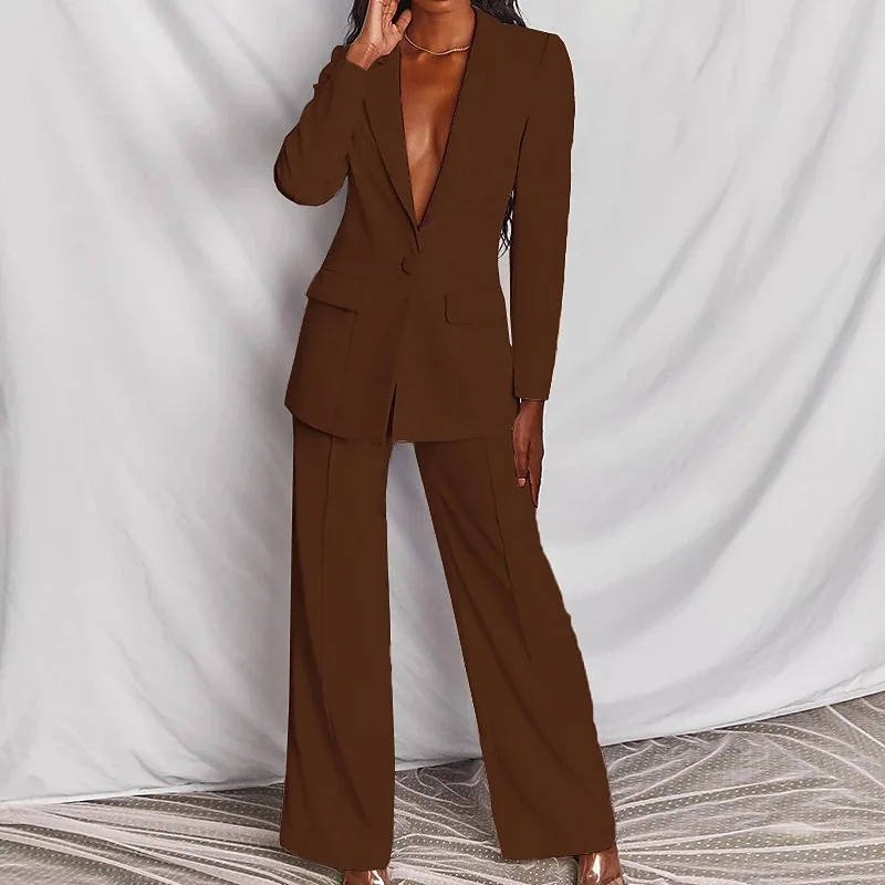 2023 Autumn Women\'s Suit Set Solid Color Fashion Temperament Long Sleeve Suit Straight Leg Pants Set