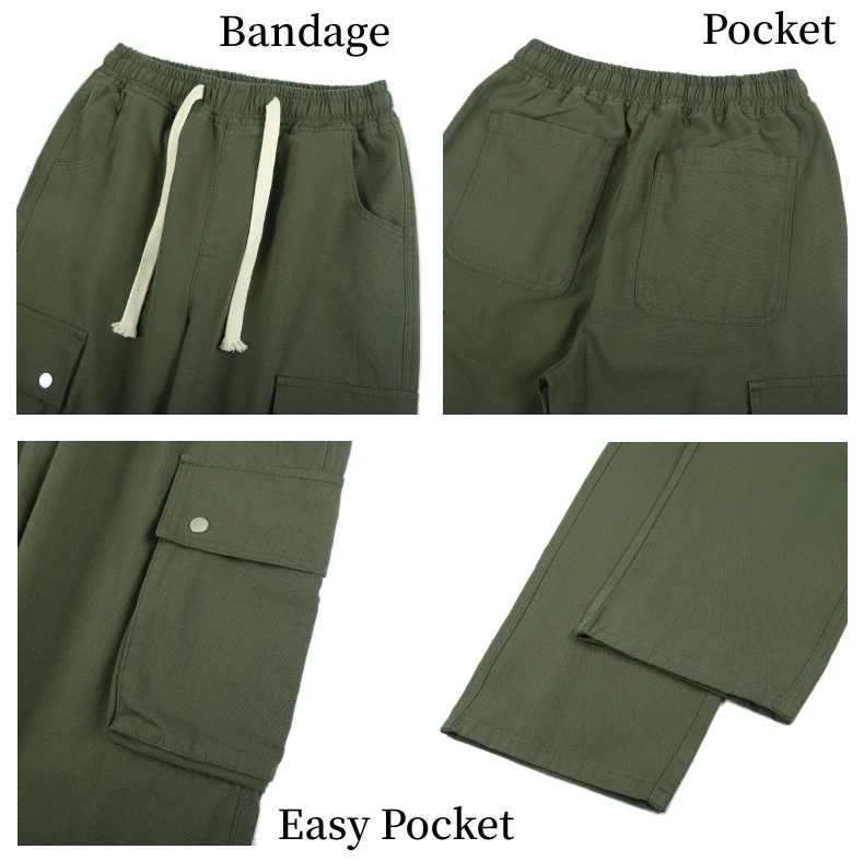 Army Green Ami Work Pants Men's Multi-Pocket Elastic Drawstring Straight Pants Korean Version Japanese