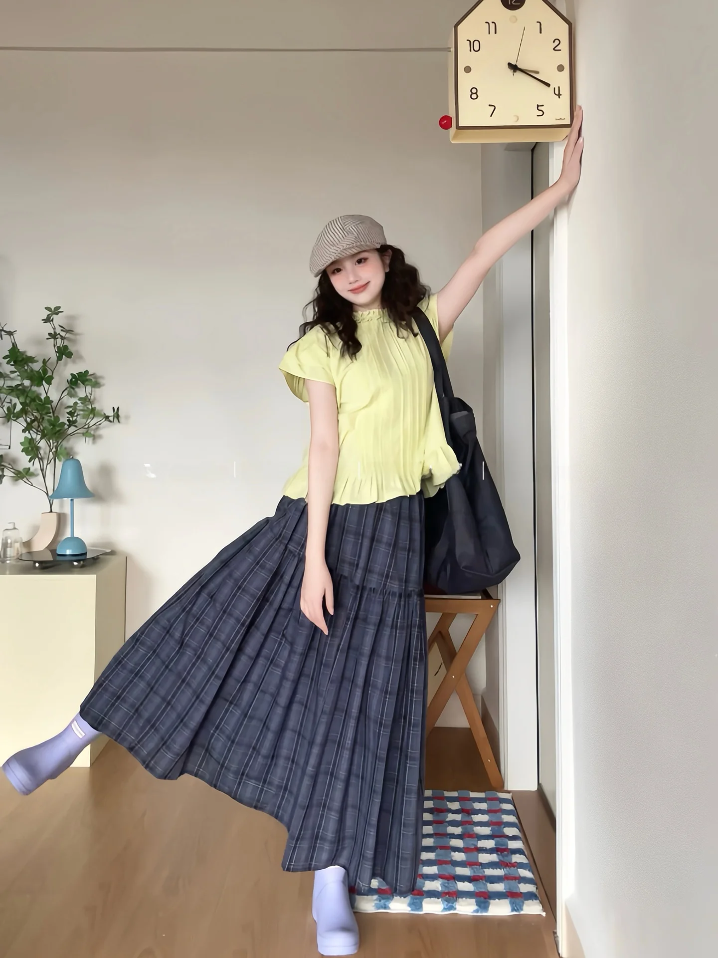 

High Waist Plaid Skirt Women's A-Line Midi Skirt Korean Sle Summer New Arrival Slimming Versatile Cotton Gored Skirt