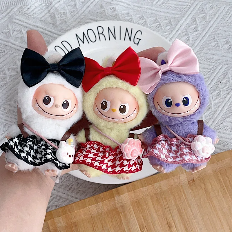 

4th Gen Mini Labubu Heart Code Series Houndstooth Set, Dress with Hair Clip & Crossbody Bag for 10cm Vinyl Doll (Clothing Only)