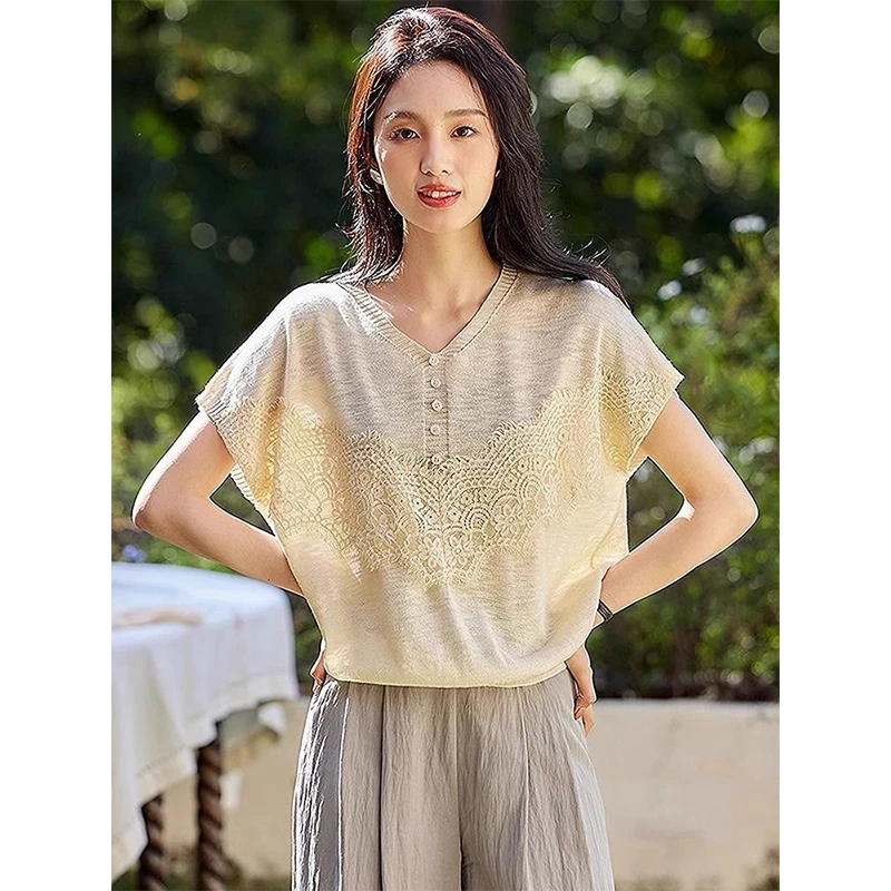 여성 여름 레이스 수 놓은 솔리드 컬러 v 넥 반팔 니트 탑 숙녀 단순 캐주얼 올 매치 트렌드 티셔츠
