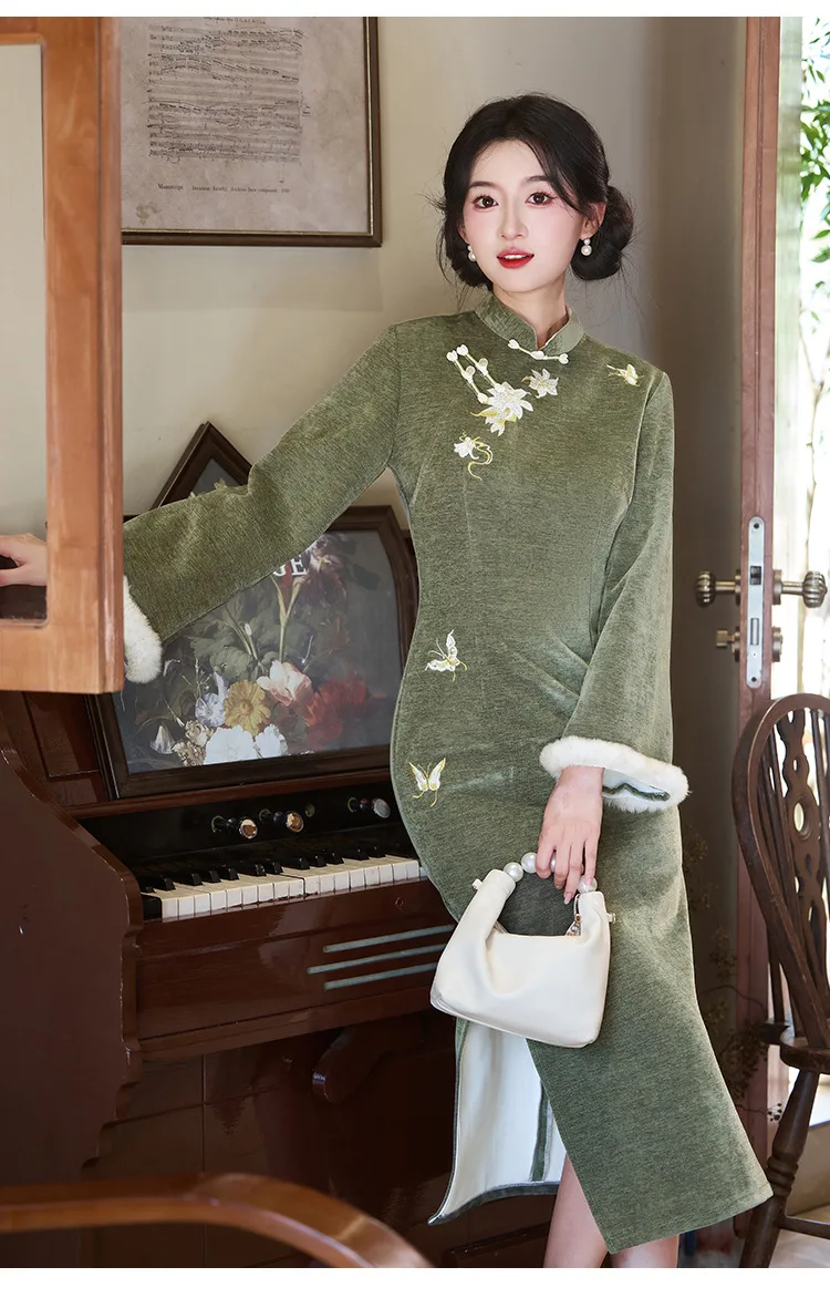

Зеленое зимнее плюшевое платье Cheongsam 2026, новое зимнее платье в китайском стиле