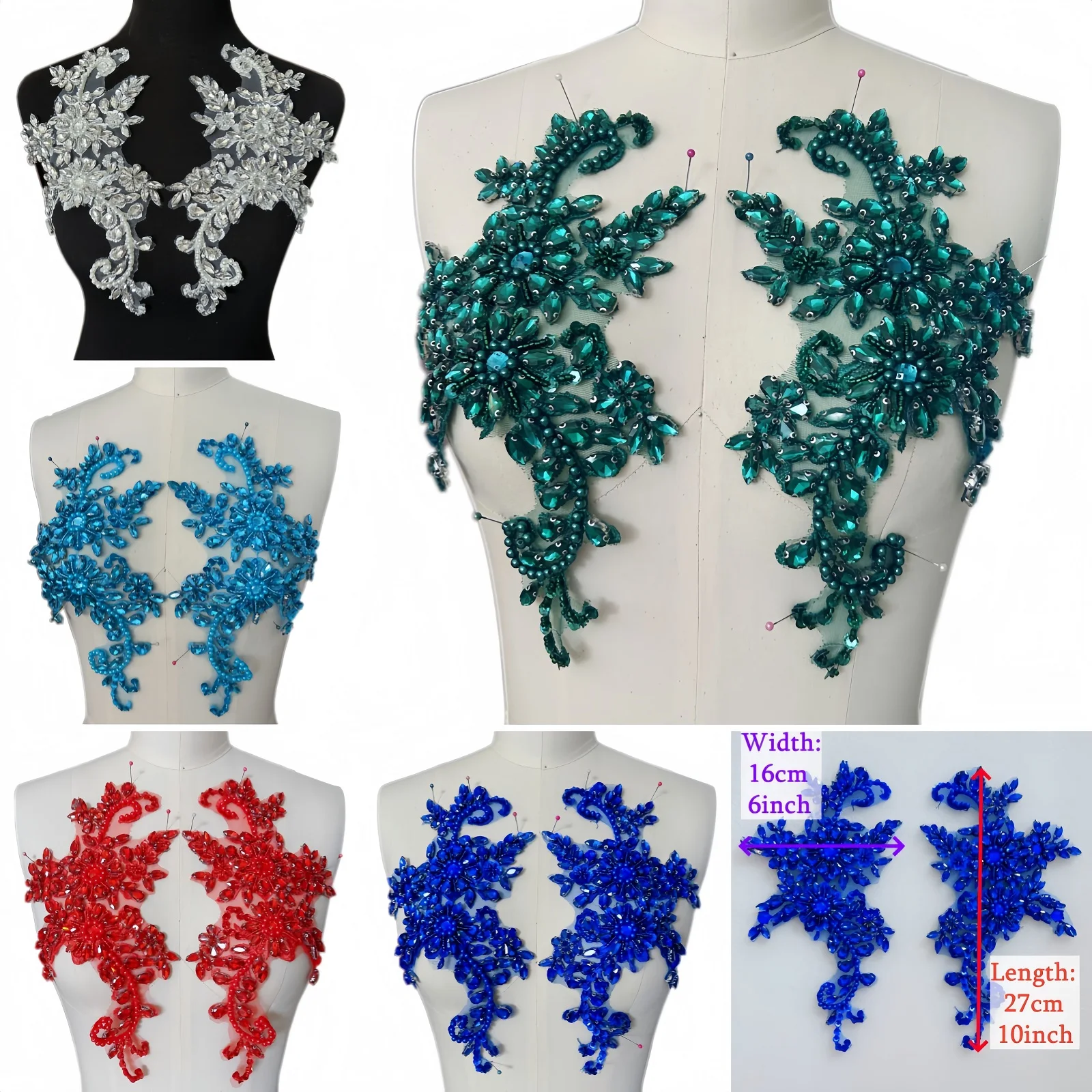 1 Pair Sewing Glass Crystals Rhinestones Appliques Patches Stones Embroidery For Sew on Wedding Evening Costumes Dress Ornament