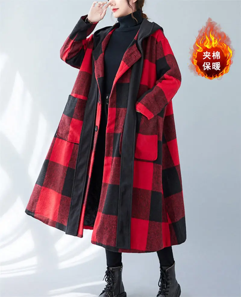 Large Size Plaid Long Woolen Coat Womens 2023 Oversized Stylish Cotton Quilted Warm Hooded Jacket Winter Windbreaker Z3059