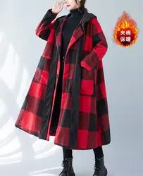 Large Size Plaid Long Woolen Coat Womens 2023 Oversized Stylish Cotton Quilted Warm Hooded Jacket Winter Windbreaker Z3059