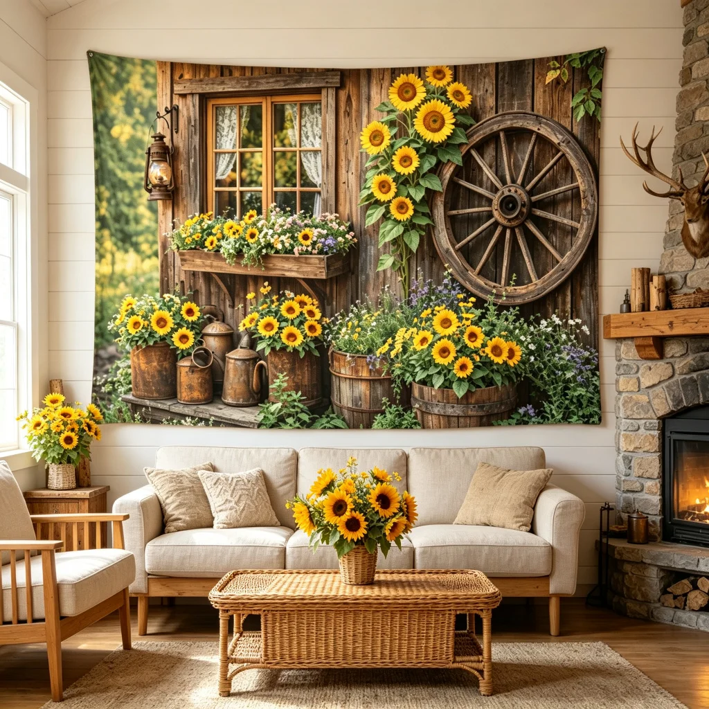 1PC Fall Country Cabin Sunflower Wildflowers Print Backdrop Banner, Bedroom Photo Background, Polyester, Party Decoration