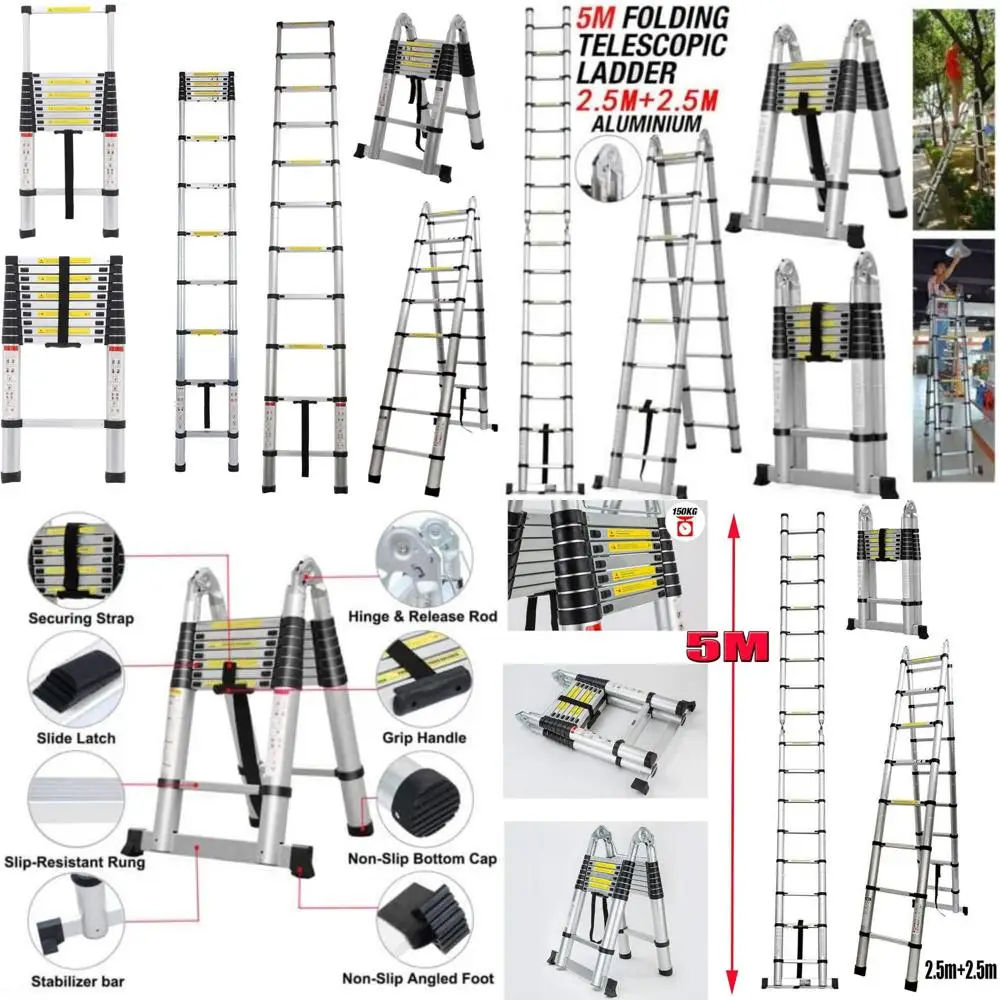 سلم تلسكوبي من الألومنيوم 5 متر ثنائي القسم 16.5 قدم سلم تسلق قابل للتمديد بسعة 330 رطل متعدد الأغراض شديد التحمل