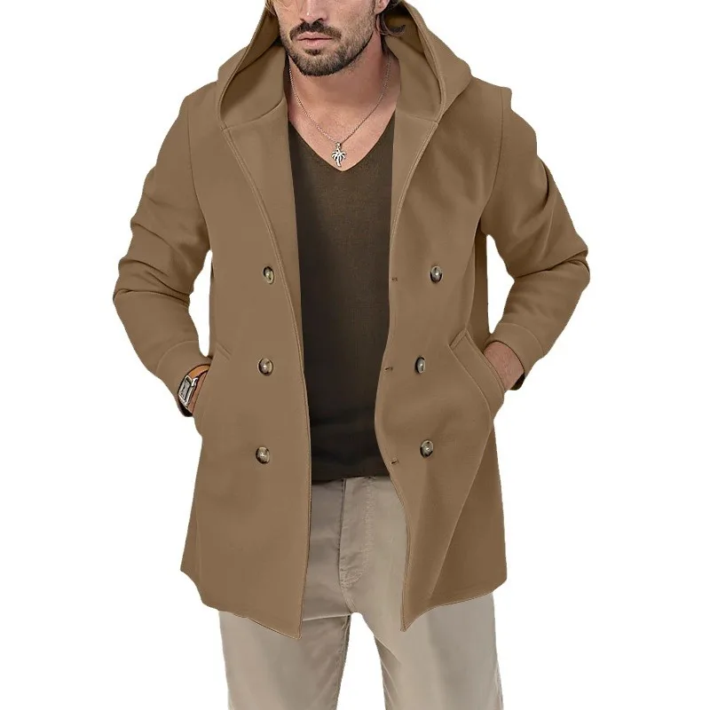 Autumn 2023 New Men Trench Coat Jacket Mid-length Hooded Double-breasted Casual Menswear Spring Cardigan Male Tops