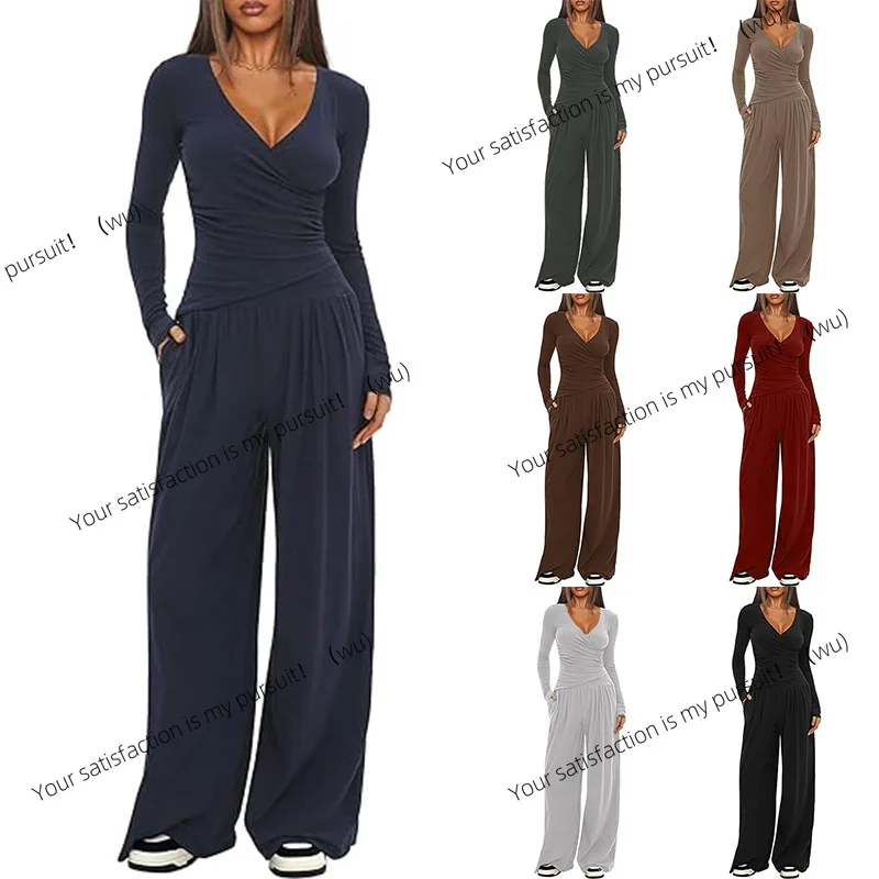 

Однотонный повседневный комплект из 2 предметов, трикотажные широкие брюки с v-образным вырезом и длинными рукавами, повседневный спортивный комплект в тон