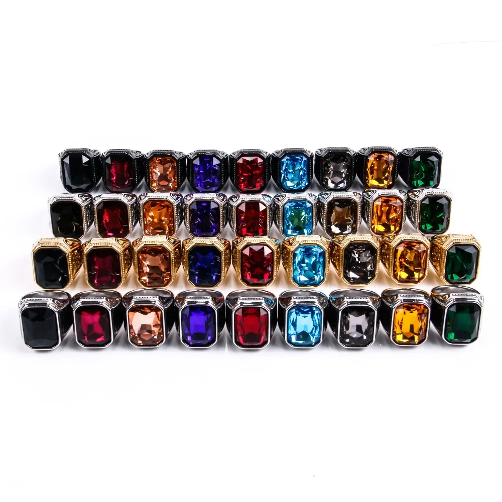 

CHUANGCHENG Personalized Retro Pattern Stainless Steel Multi-color Large Gemstone Square Cast Ring Size 6-13