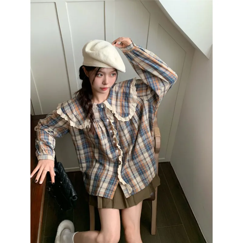 British Retro Style Plaid Shirts for Women Autumn Mori System Sweet Lace Doll Collar Female Blouse Loose Girls Long-sleeved Tops