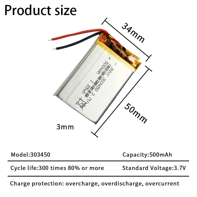 1-10pcs 303450 Lithium Polymer Battery Rechargeable Li-ion Battery 3.7V 500mAh for GPS MP3 MP4 MP5 PDA LED Light