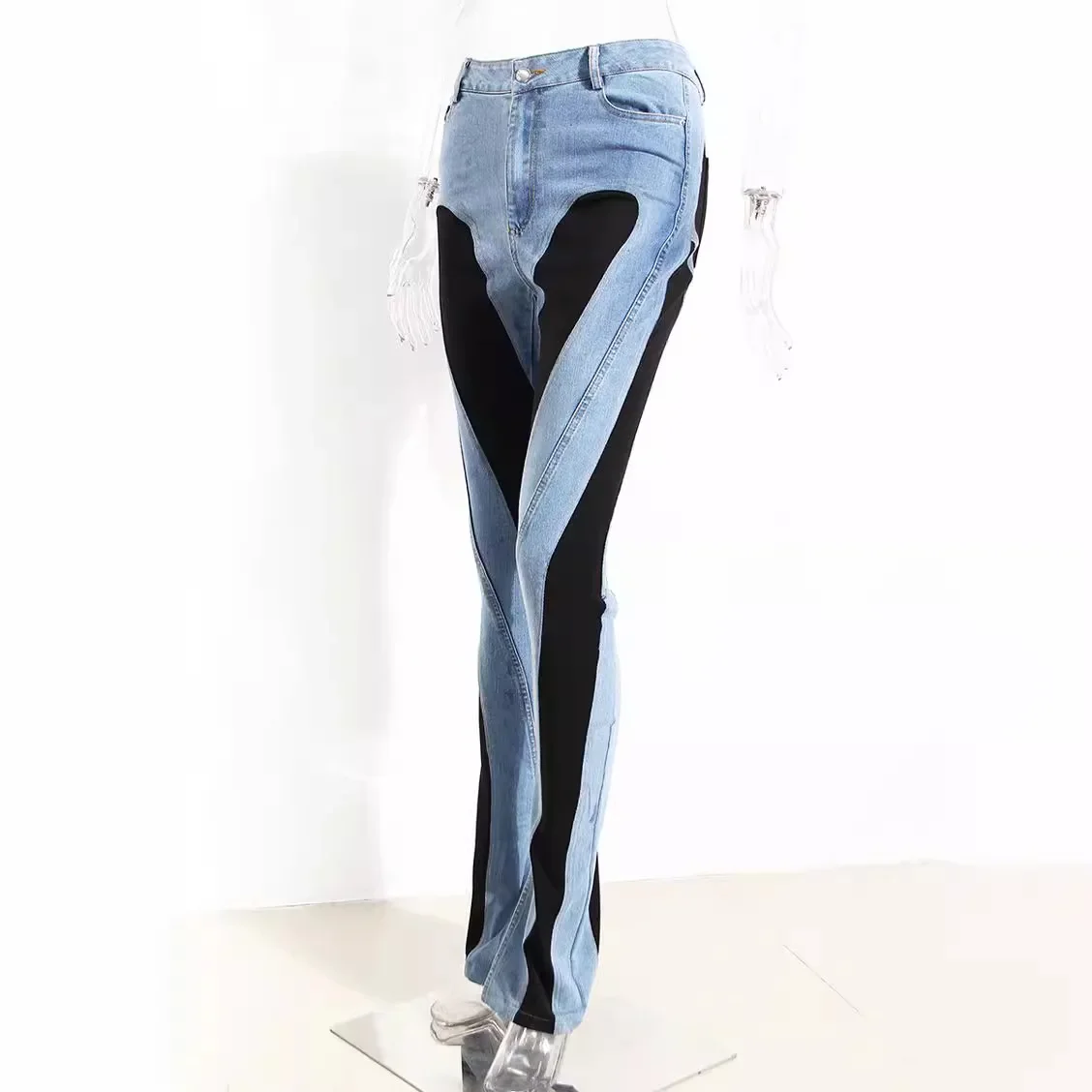 Jeans di colore a contrasto di Design di nicchia per le donne 2024 autunno Sexy Hot Girl Slim gambe lunghe pantaloni a vita alta Jeans blu per le