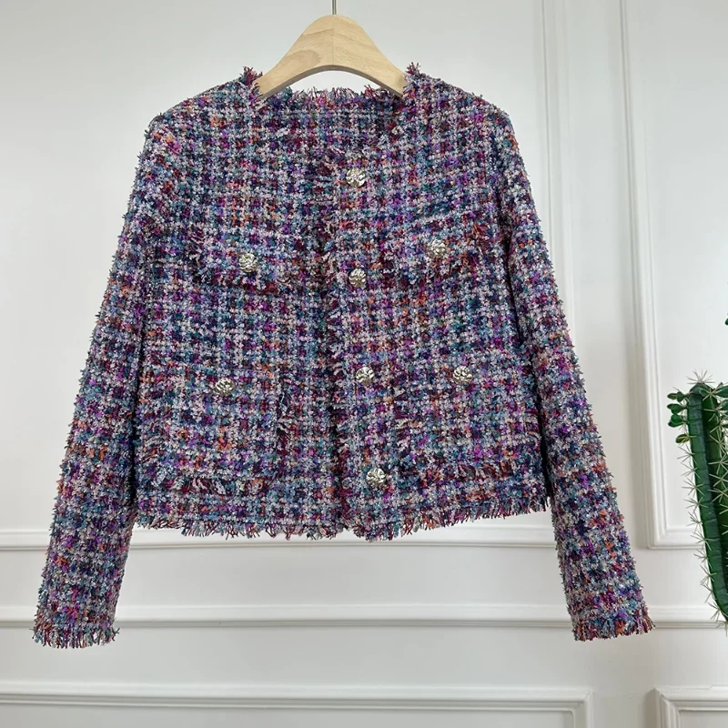 

Purple Plaid Small Fragrance Short Coat Women High Quality Tassel Casual Sweet Loose French Vintage Tweed Jacket Autumn Winter