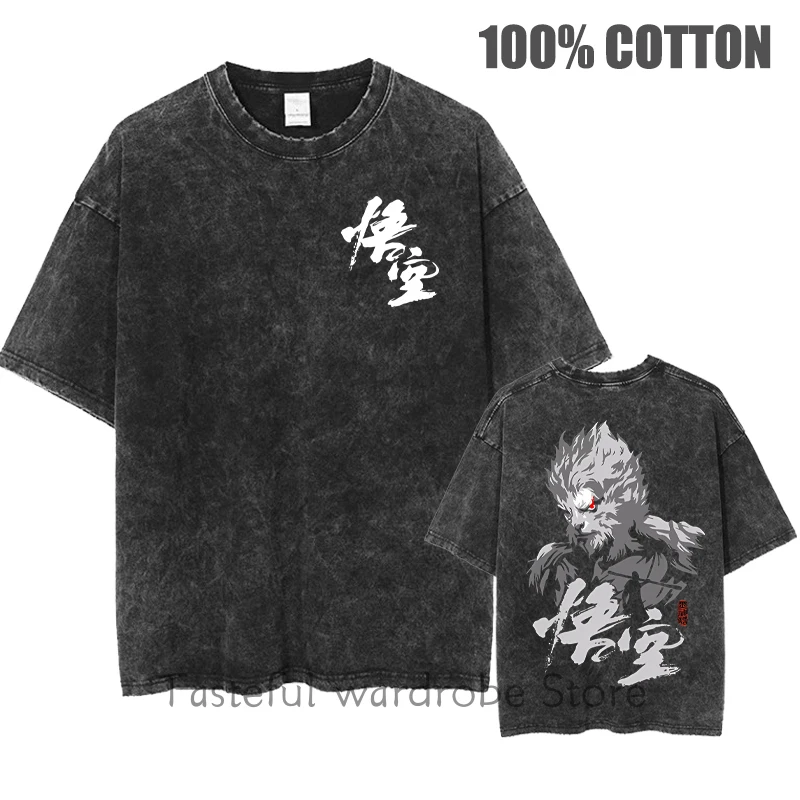 

Funny Game Black Myth Wukong Graphic T-Shrit Men's Harajuku Vintage Washed 100% Cotton Tshirt Oversized Hip Hop Streetwear Tees