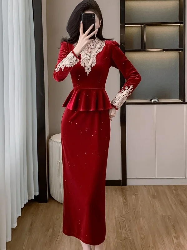

Elegant Fashion Slim Fit Velvet Dress Luxury Long Gown Autumn Winter New Style Gold Velvet Thinming Dress Chic City Walk Dress