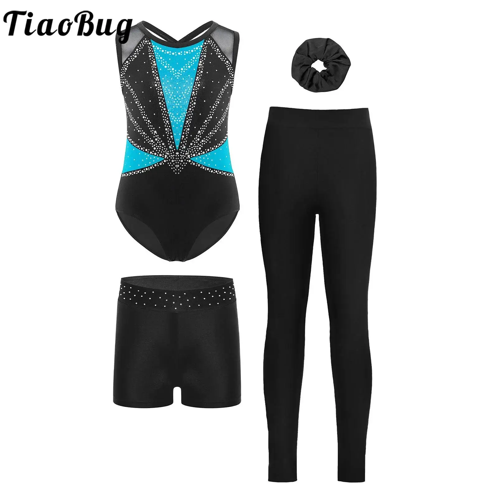 Kids Girls Ballet Dance Skating Gymnastics Acrobatics Costume Sleeveless Rhinestones Metallic Leotard+Shorts+Leggings+Hairband