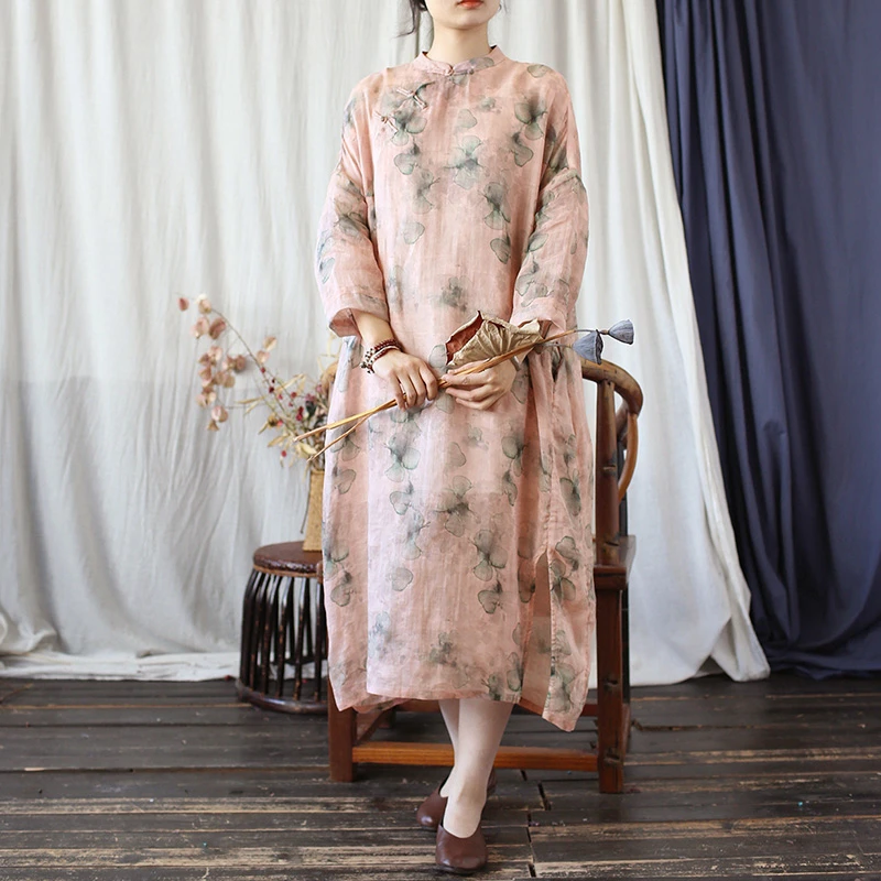 Vestido de lino informal para mujer, recién llegado, primavera 20220, estilo chino, Vintage, cuello mandarín, suelto, corte en A, vestidos largos T451