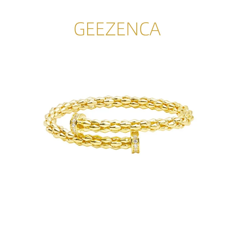 

GEEZENCA Italian Jewel 925 Silver Gold Plated Hollow Interlinked Diamond Chain Rivet Head Cubic Zirconia Cuff Bracelet Womens