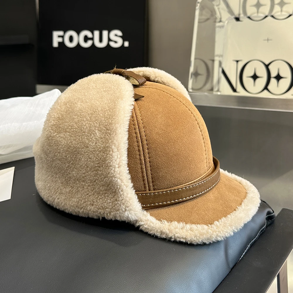 New Winter High Quality Leather Hat Men Fur Lamb Wool Warm Thick Earflaps Bomber Hats Men's Baseball Cap Russian hats