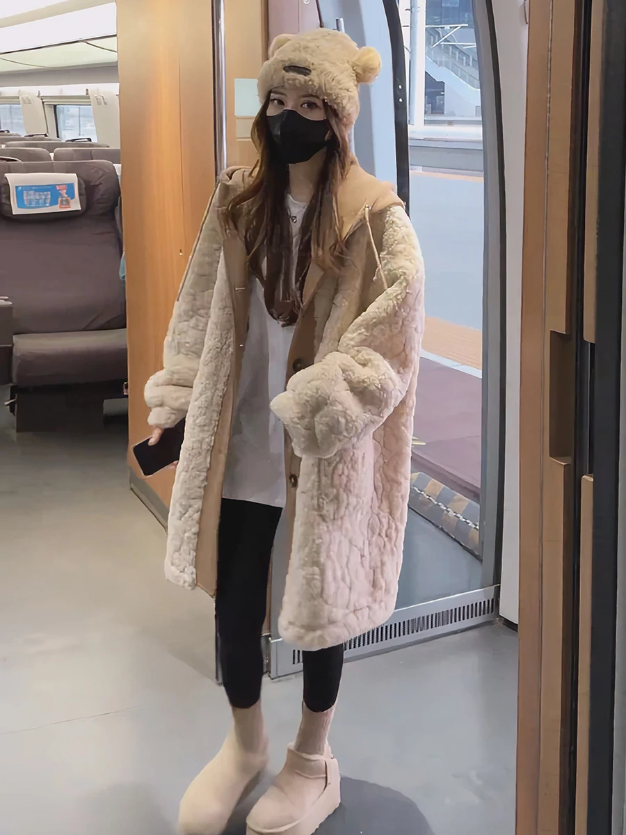 Jaet intercé en fourrure d'agneau faux deux pièces vêtements d'extérieur Thi chaud manteau mi-long printemps nouveau Sle trajet Sle coupe ample longue...