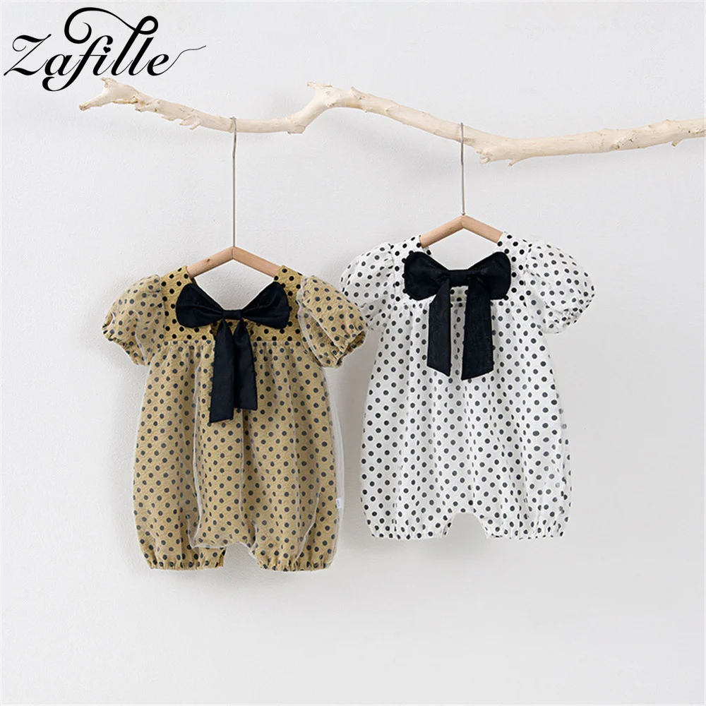 

ZAFILLE Party Birthday Baby Costume Dots Print Overalls For Kids Summer Toddler Girls Rompers Bowknot Lace Children's Clothing