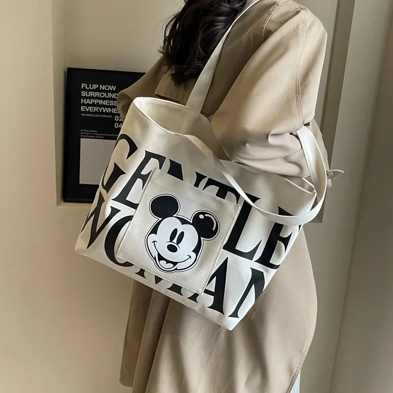 Disney Large Capacity Canvas Bag Women's 2024 New Trendy Cartoon Mickey Tote Bag College Student Class Shoulder Tote Bag