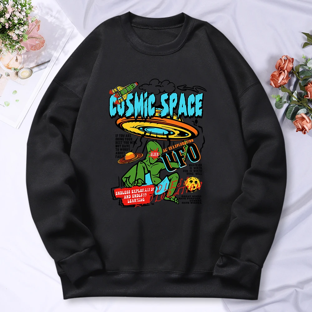 Cosmic Space Alien And Ufo Prints Hoodie Men Hipster Oversize Hoody Hip Hop Comfortable Sweatshirt Cartoons Soft Pullover Top