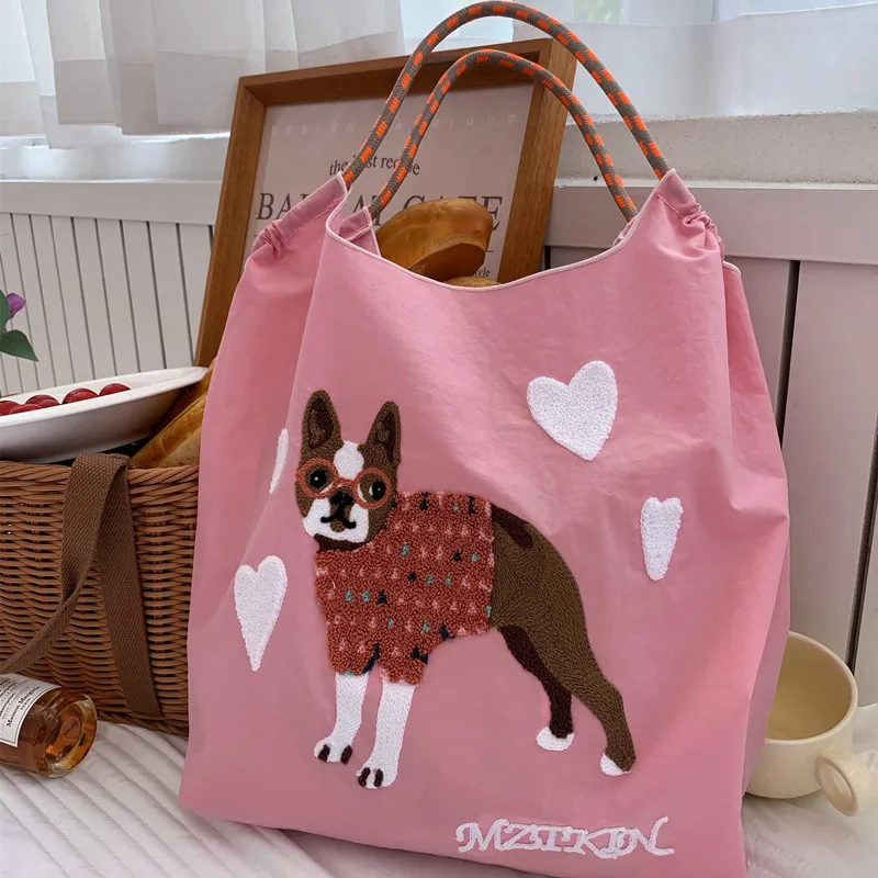 New Nylon Tote Bag barboncino Shopping Bag Cute Anime ricamato spalla donna Eco Friendly grande capacità borsa regalo per ragazze