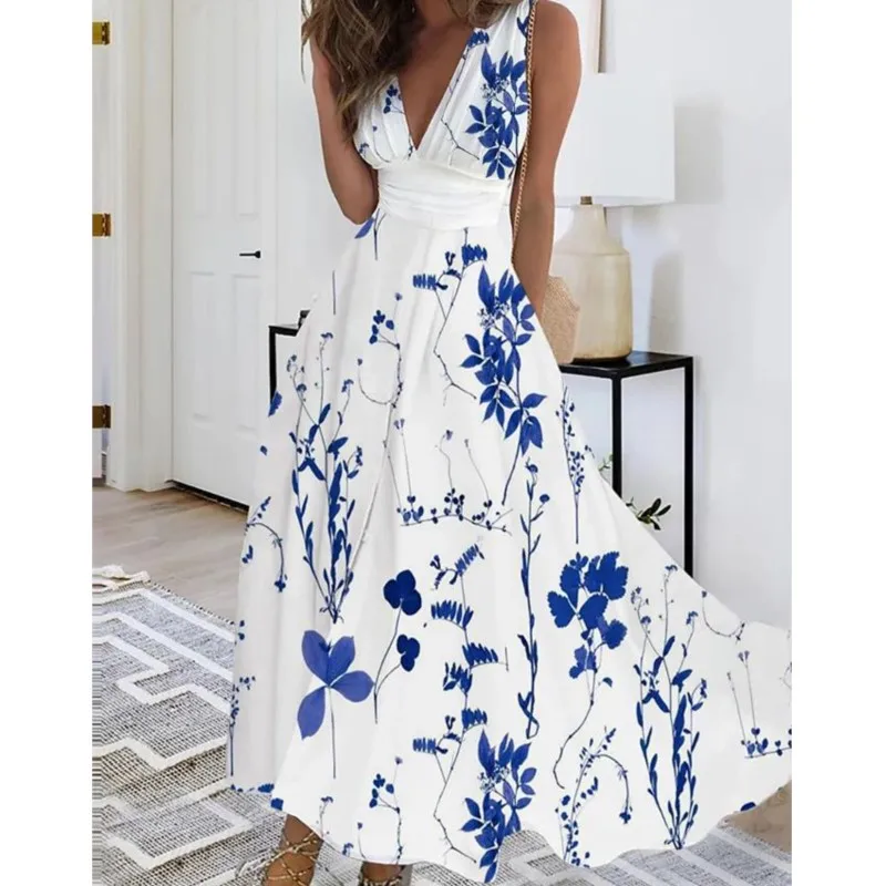 

Elegant Flower Print Women Party Dress 2024 Summer New Fresh V-neck High Waist Sleeveless Sexy Evening Dress Robe Femme Vertidos