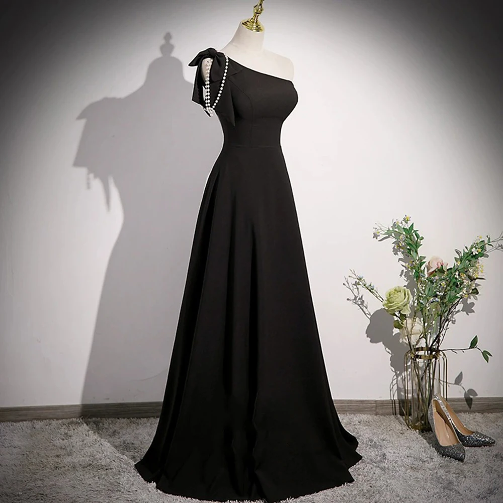 Elegante simples preto vestidos de noite feminino um ombro gola diagonal miçangas fita arco design vestido a linha longo