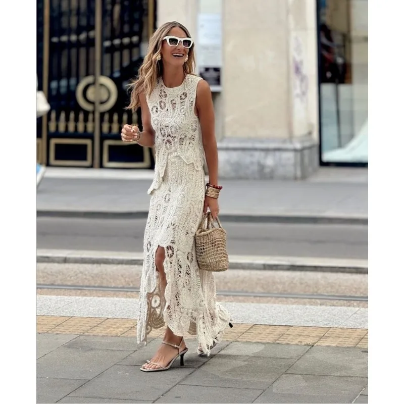 2024 Russia Europe and The United States New Hollow Lace Sleeveless Vest Top Hollow Split Irregular Skirt Two-piece Set