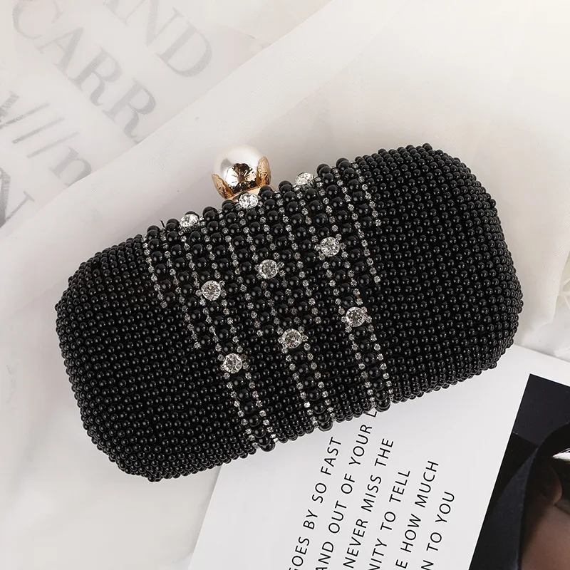Luxury  Black Pearls Evening Clutch Female Elegant Diamond Beading Formal Party Hand Bags Fashion Purses Gothic Woman Handbag