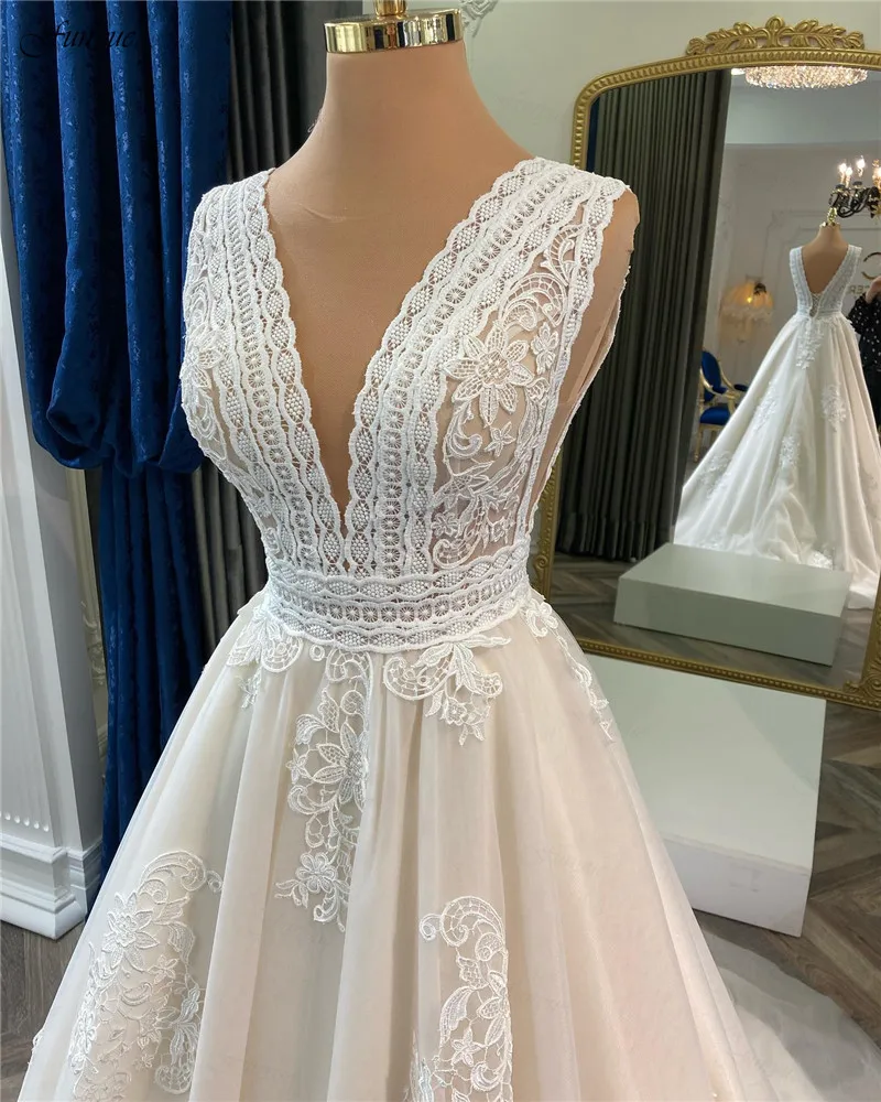 Funyue-Robe de mariée en dentelle sur mesure pour femme, ligne A, appliques en tulle, col en V, sexy, bohème, patients, France, 2023