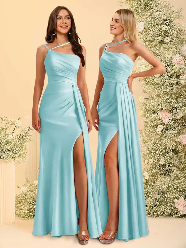 Sky Blue Mermaid One-Shoulder Long Bridesmaid Dresses with Split Side Stretchy Satin Formal Party Gowns