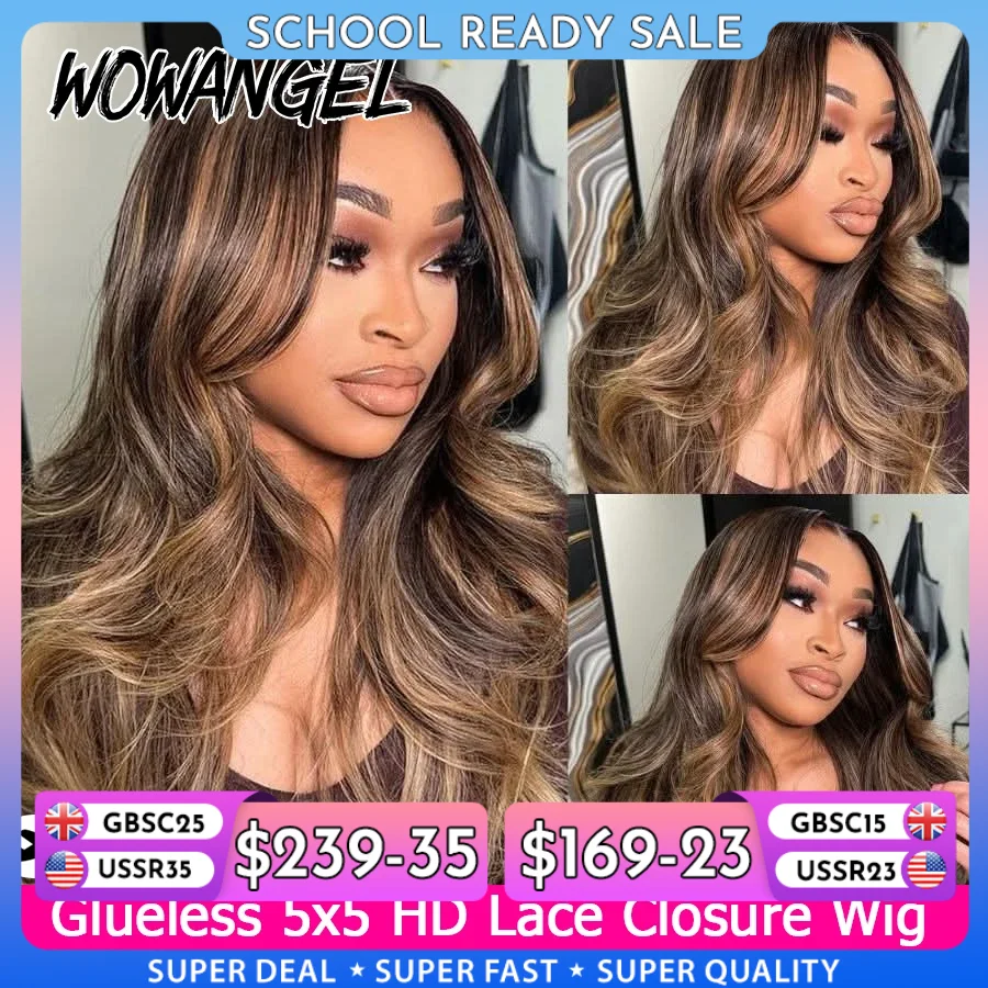 WOWANGEL Perruque Blonde Miel Balayage avec Mèches, Cheveux Humains Ondulés, Perruques Sans Colle en Dentelle HD 5x5, Cheveux Brésiliens Pré-Décolorés