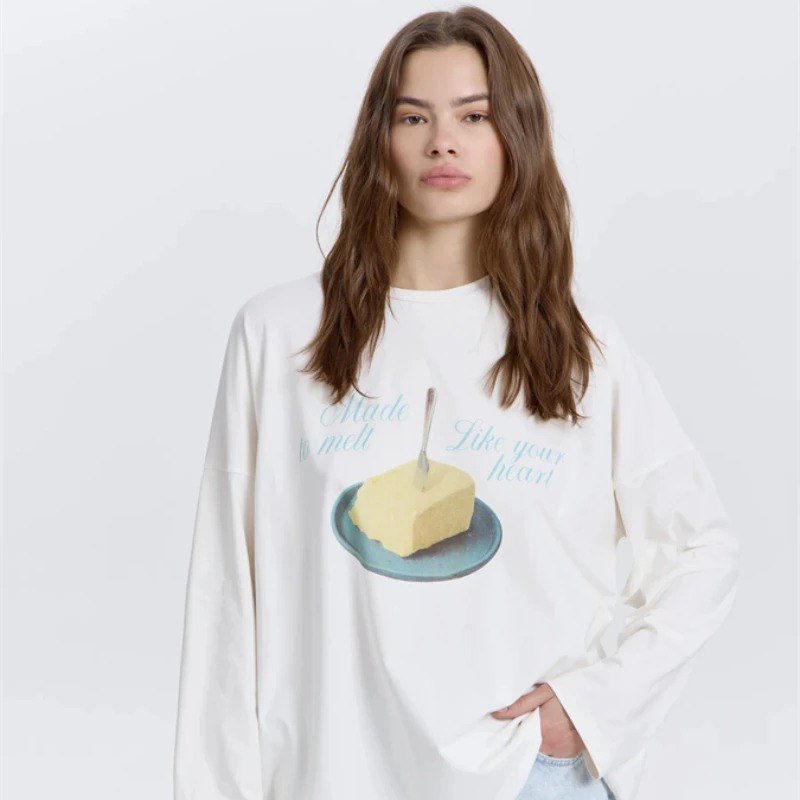 

Футболка большого размера из чистого хлопка с длинными рукавами «Сделано тануть как ваше сердце» Футболка с рисунком маслом Повседневный мягкий топ Милые русские девушки