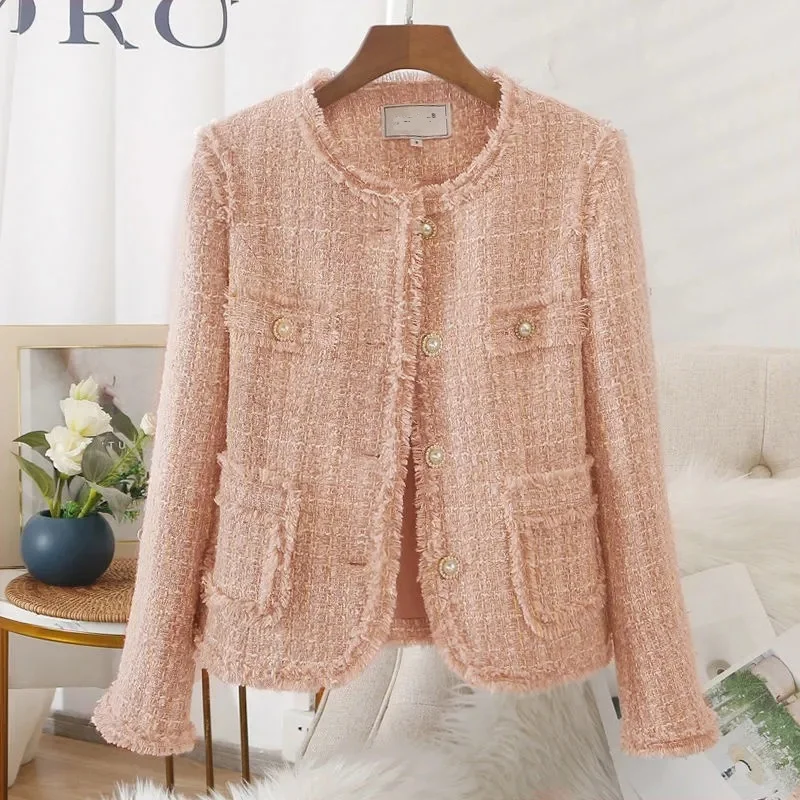 Korean Vintage Tweed Short Jackets Streetwear Slim Coat Spring Long Sleeve All-Match Wool Blend Elegant Blazer Jacket Female Top