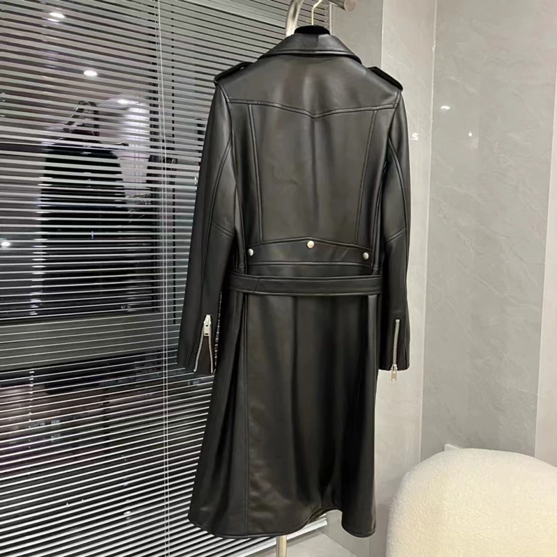 Women Coat Spring 2024 New Arrival Genuine Leather Jacket X-Long Length Locomotive Model Style Turn-Down Collar Clothes