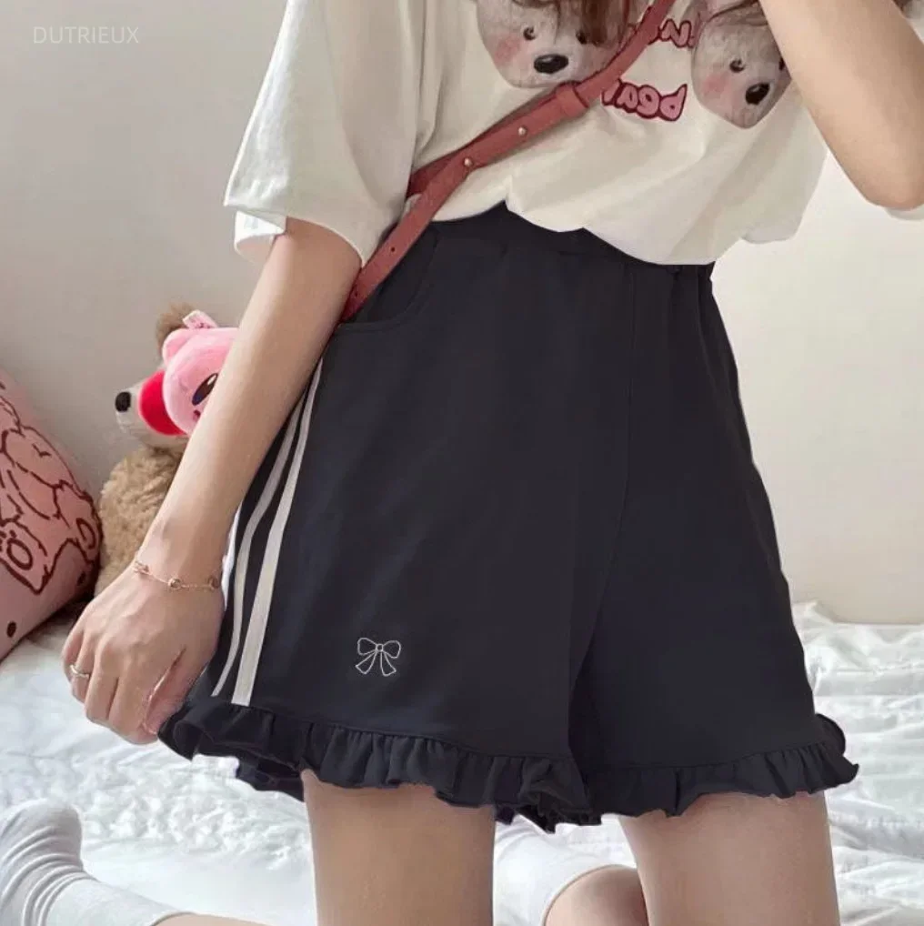 Kawaii Streetwear Bow Embroidery Elastic High Waist Wide Letg Shorts Women Summer Lolita Sweet Cute Ruffle Short Femme