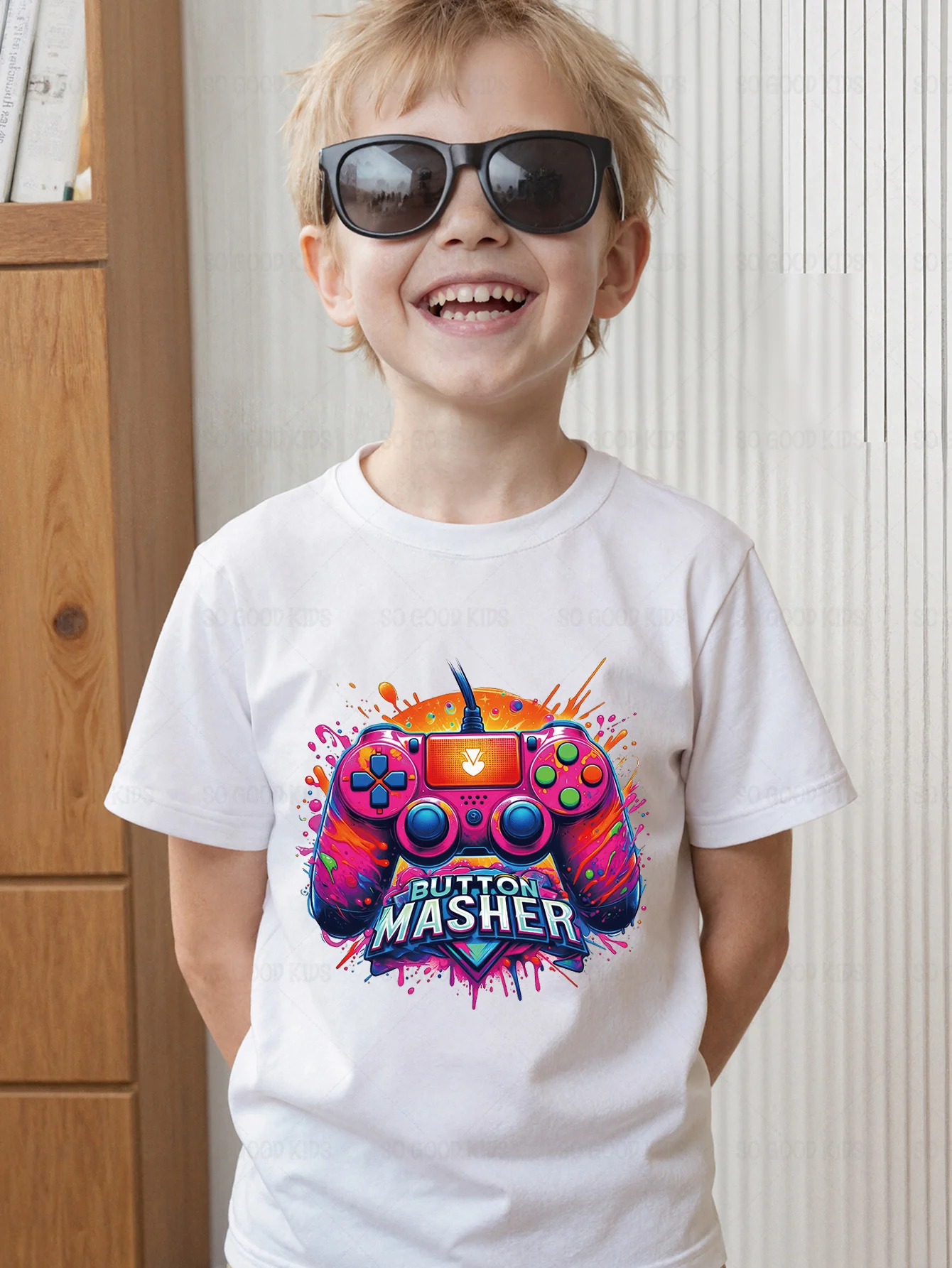 Button Masher Color Splash Game Controller Graffiti Graphic Kids T Shirt Boys Girls Family Matching Summer Crew Neck Casual Tee