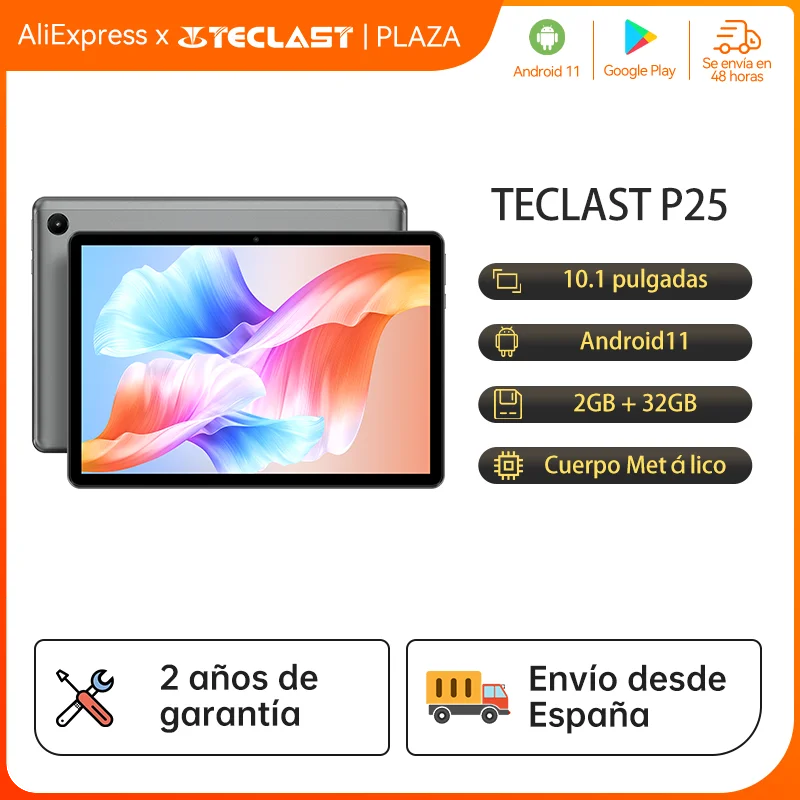 Teclast-Tableta P25 with Android 11, Type C,10.1 inch IPS, 4 processor core, 64 bit CPU, GE8300, dual speakers, 2GB RAM, 32GB ROM, thin and lightweight metal body, dual channel audio, 2MP & 5MP camera