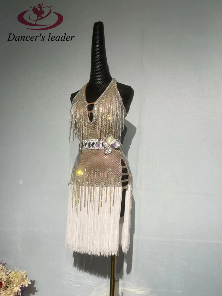 Latin dans High-end aangepaste hangende nek zilveren Flash Diamond kwastje dansjurk Cha Cha Cha Tango professionele damesjurk
