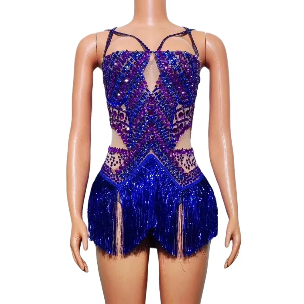 

Sparkly Blue Rhinestones Tassels Bodysuit Women Sexy Performance Dance Costume Singer Dancer Show Stage Wear Nightclub Outfit